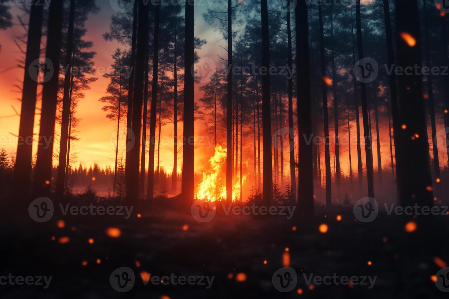 A forest fire is seen in the middle of a dark forest photo