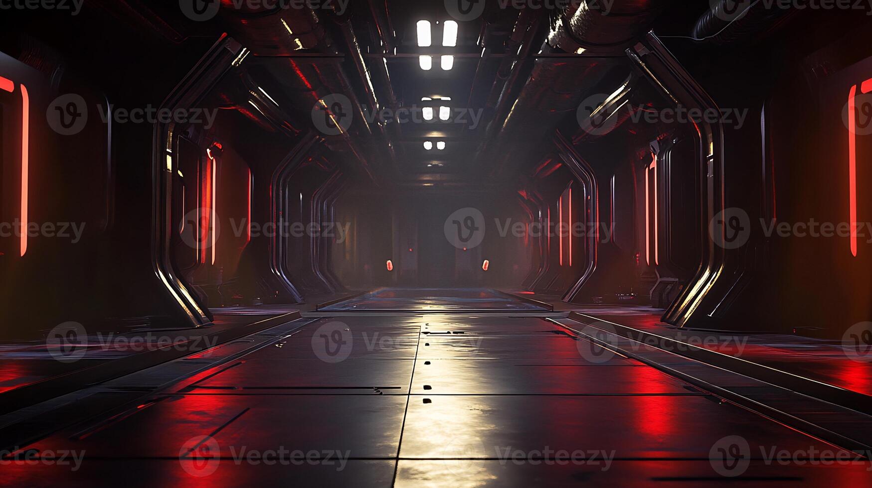 A dark hallway with red lights and a long corridor photo