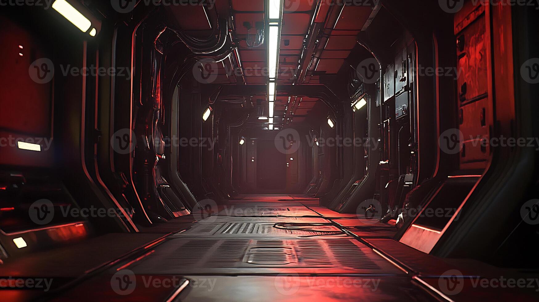 A dark hallway with red lights and a door photo