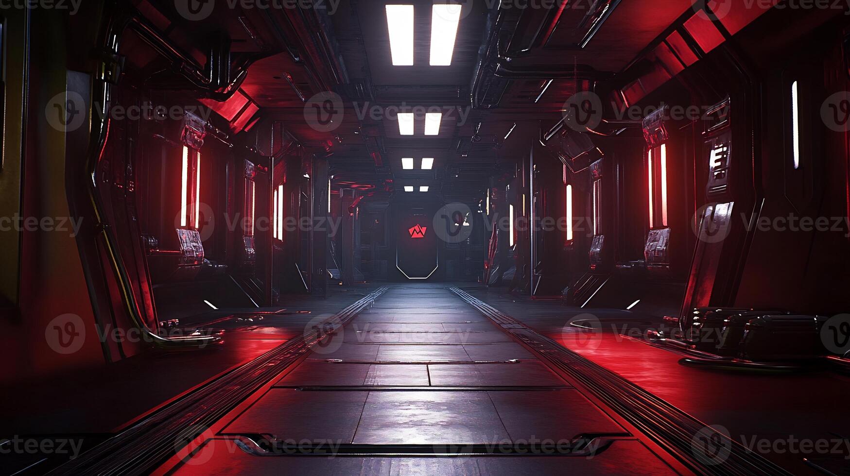 A dark hallway with red lights and a red light photo