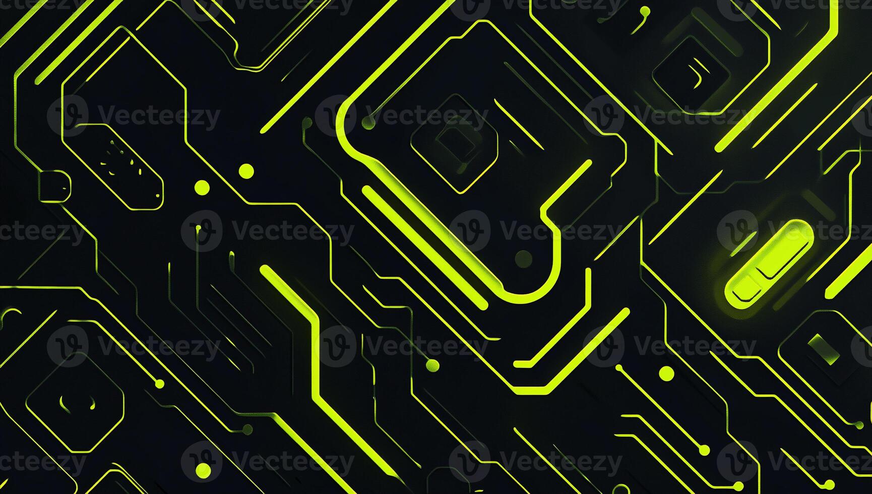 Abstract circuit board design with glowing green lines on a dark background. photo