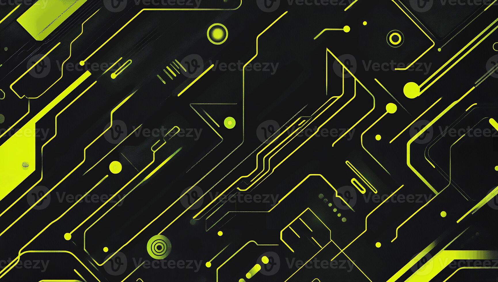 Abstract digital circuit design with neon green elements on a dark background. photo