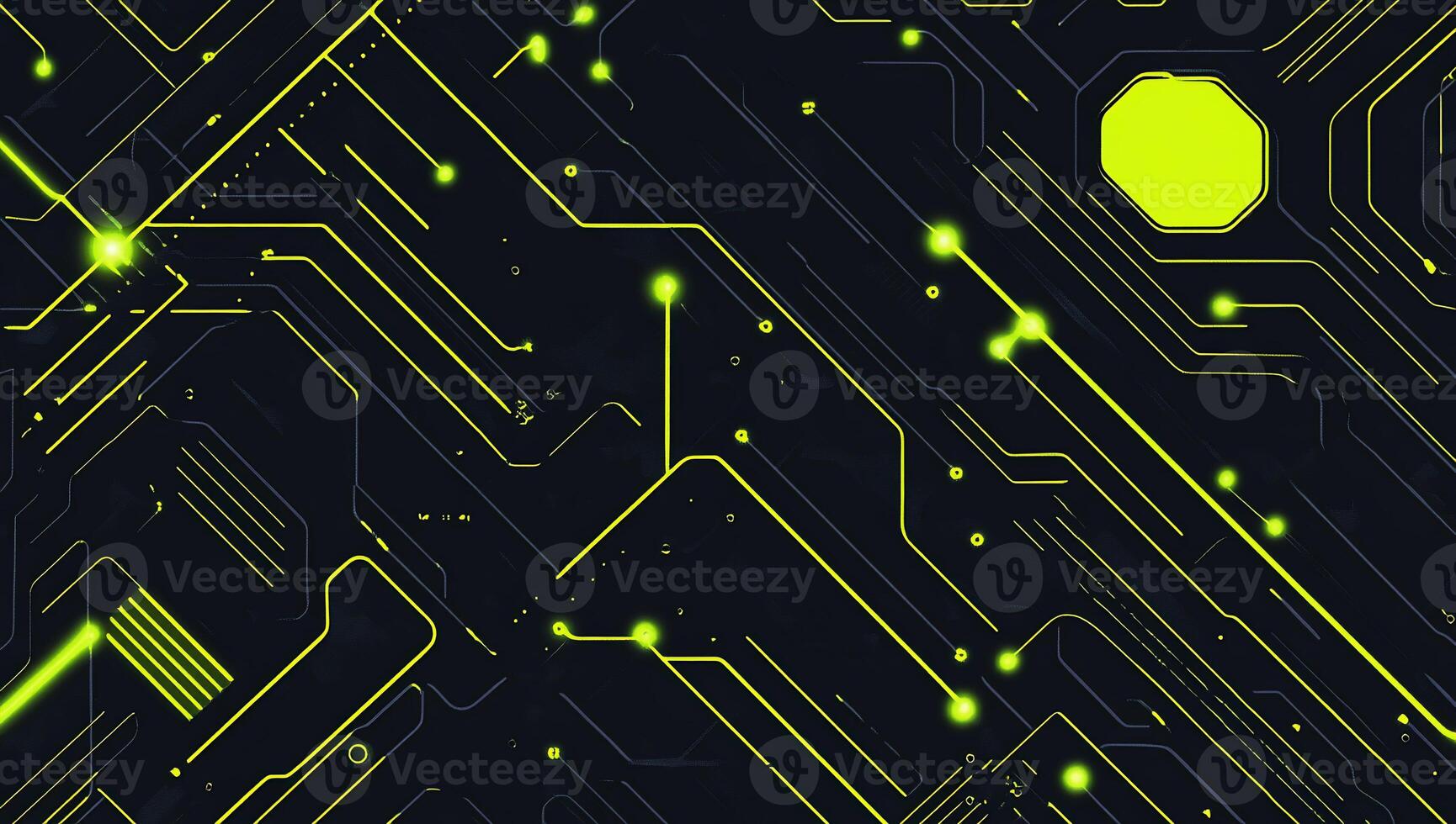 Abstract digital circuit design with neon green elements on dark background. photo