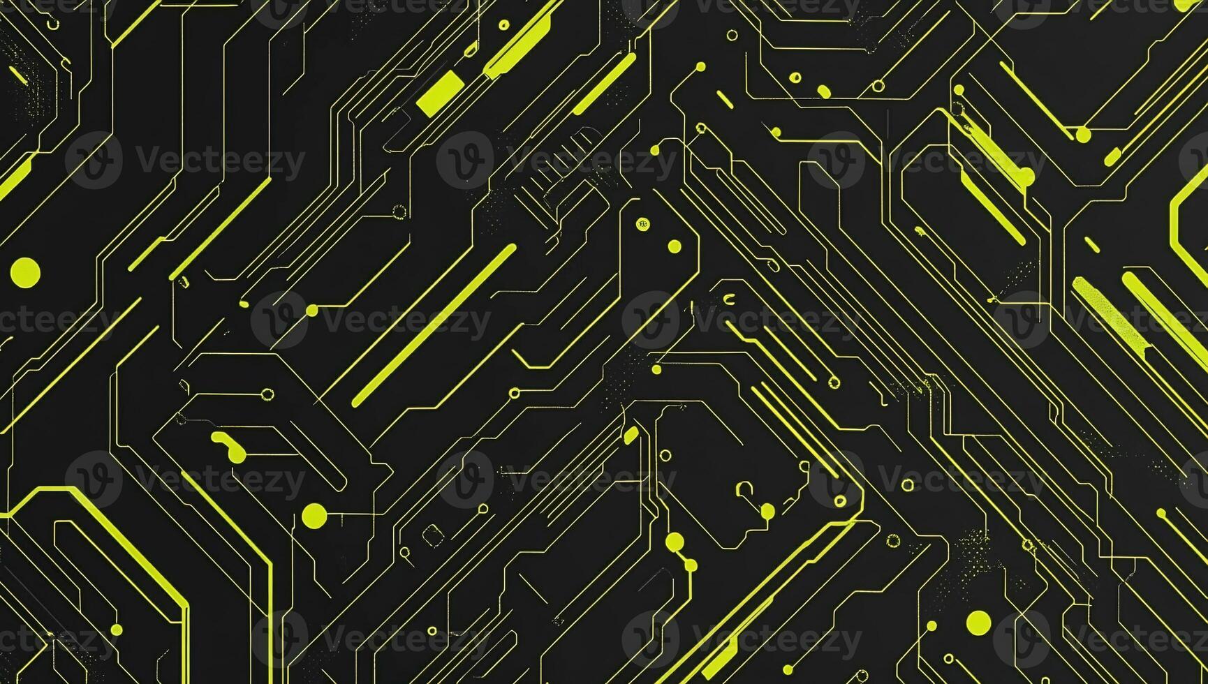 Abstract circuit board design with neon yellow lines on a black background. photo