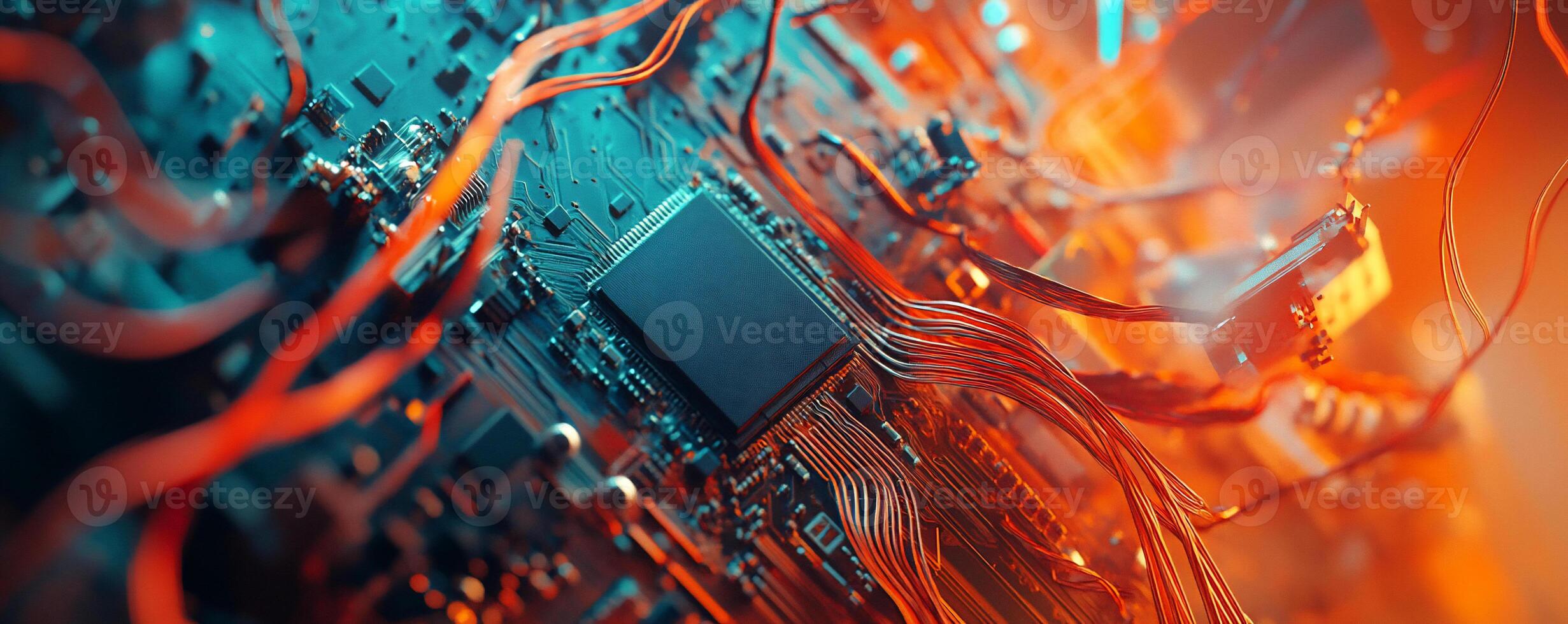 Close-up view of a circuit board with intricate wiring and components. photo