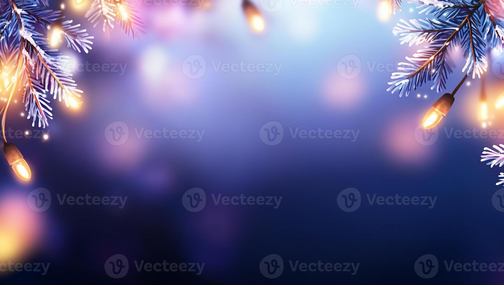A festive background with twinkling lights and frosty branches. photo