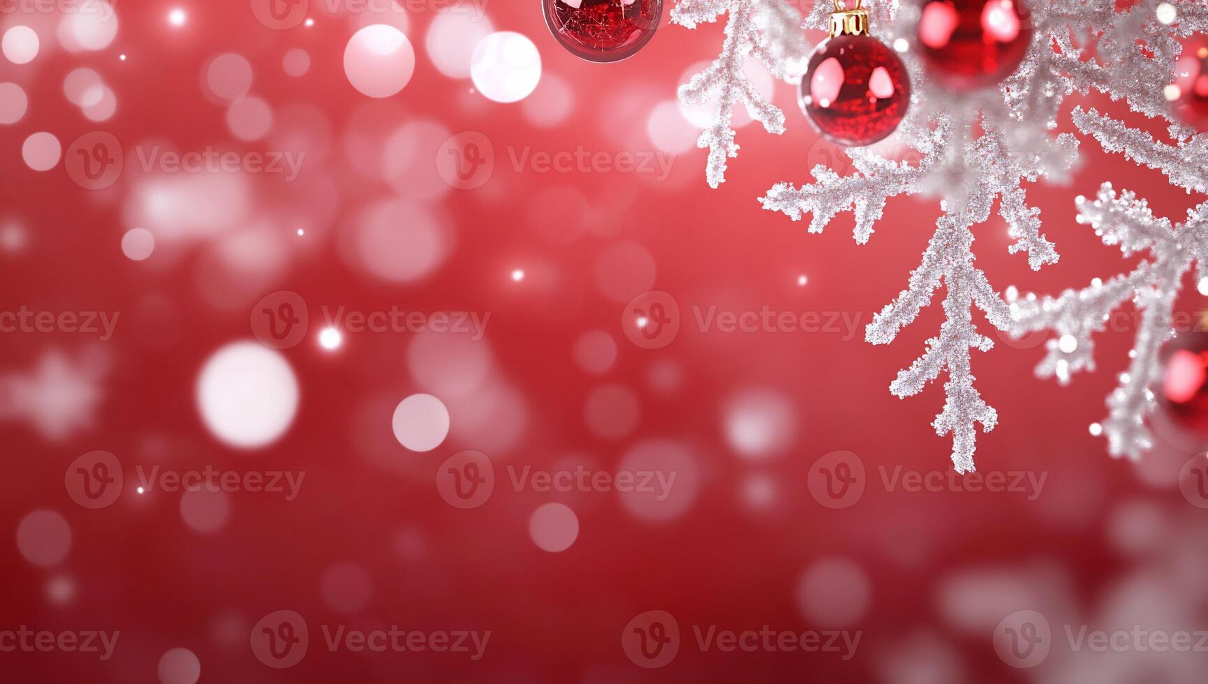 A festive background with red ornaments and sparkling bokeh lights. photo