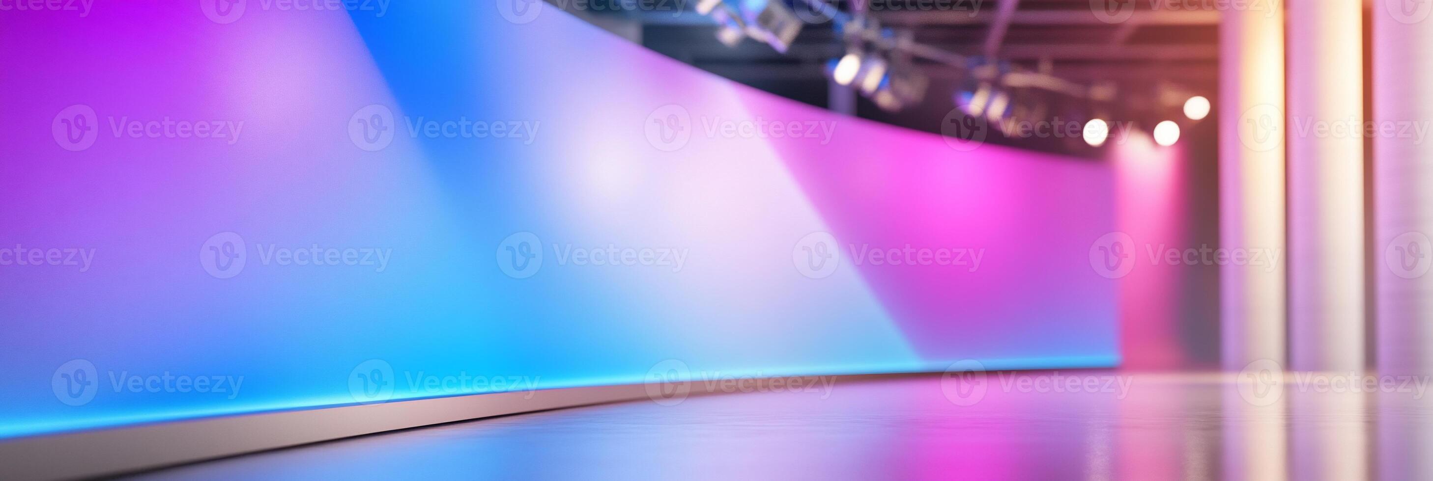 A vibrant, modern studio backdrop with colorful lighting effects. photo