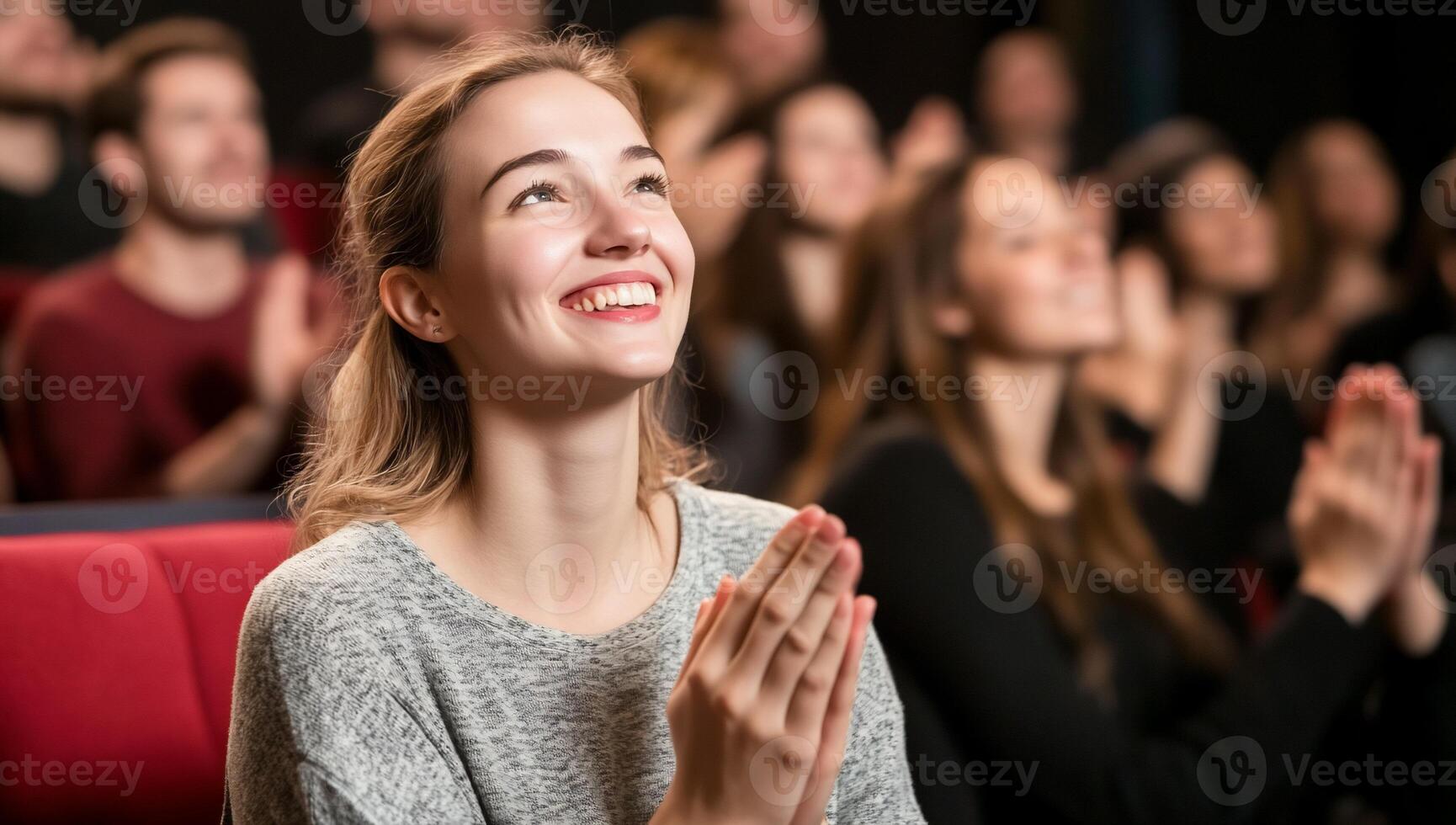 A joyful audience member claps in appreciation during a performance. photo