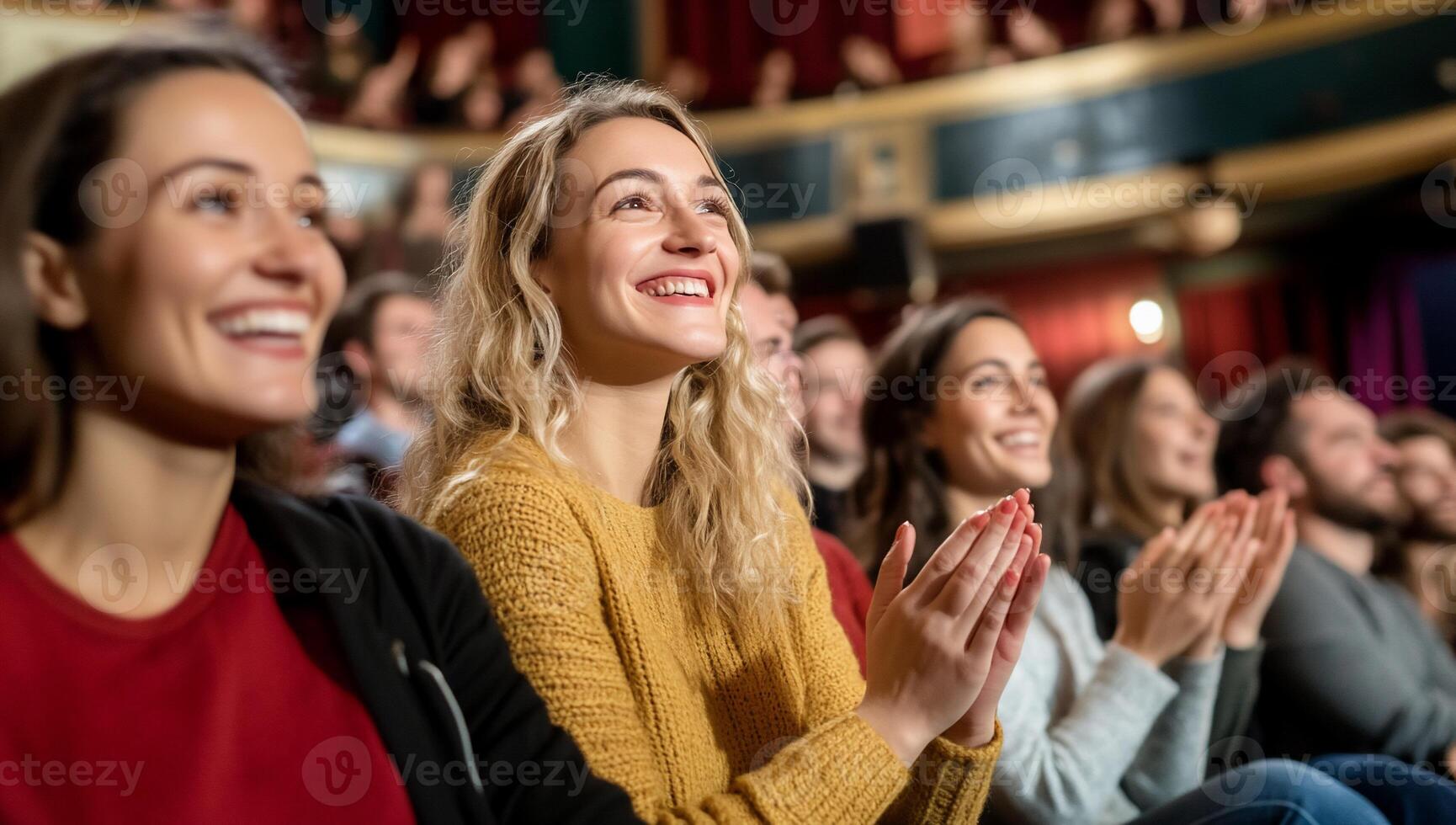 Audience enjoying a performance, clapping and smiling in a theater. photo