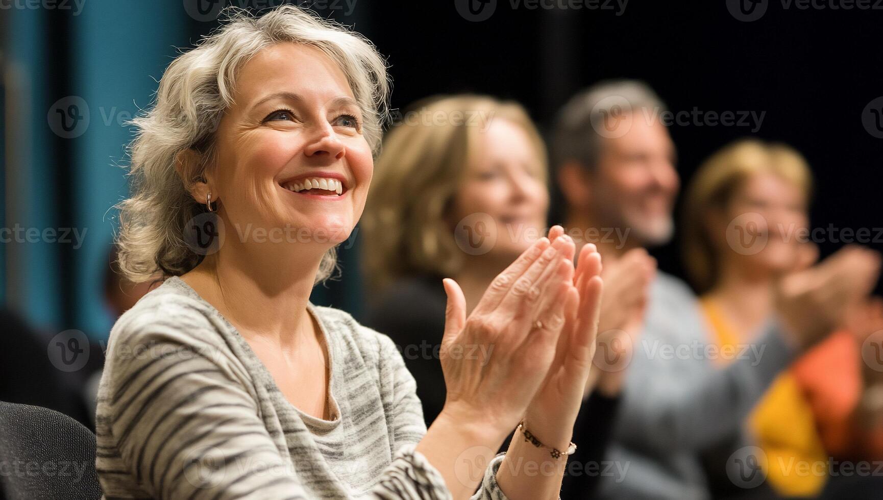 Audience clapping and smiling during a performance or event. photo