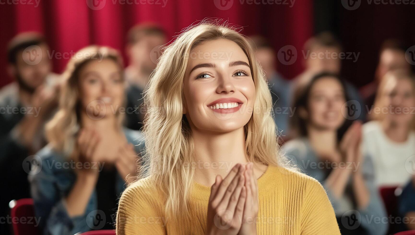 A smiling woman applauding in a theater filled with an audience. photo