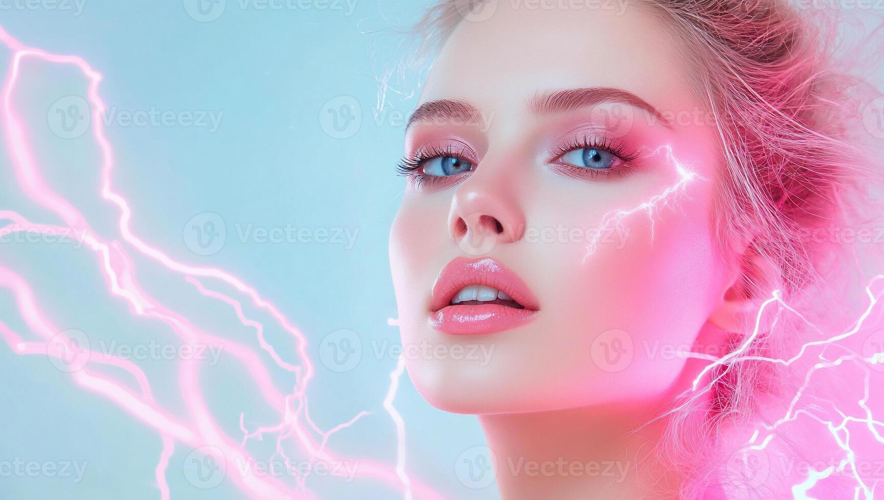 A striking portrait of a woman with electric effects and vibrant colors. photo