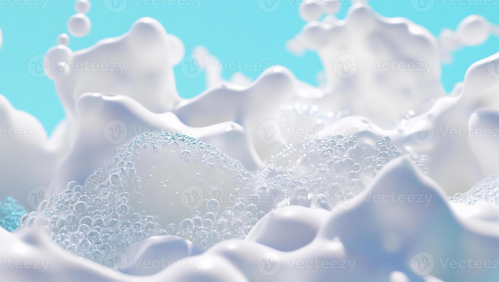 Close-up of white bubbles and foam against a blue background. photo