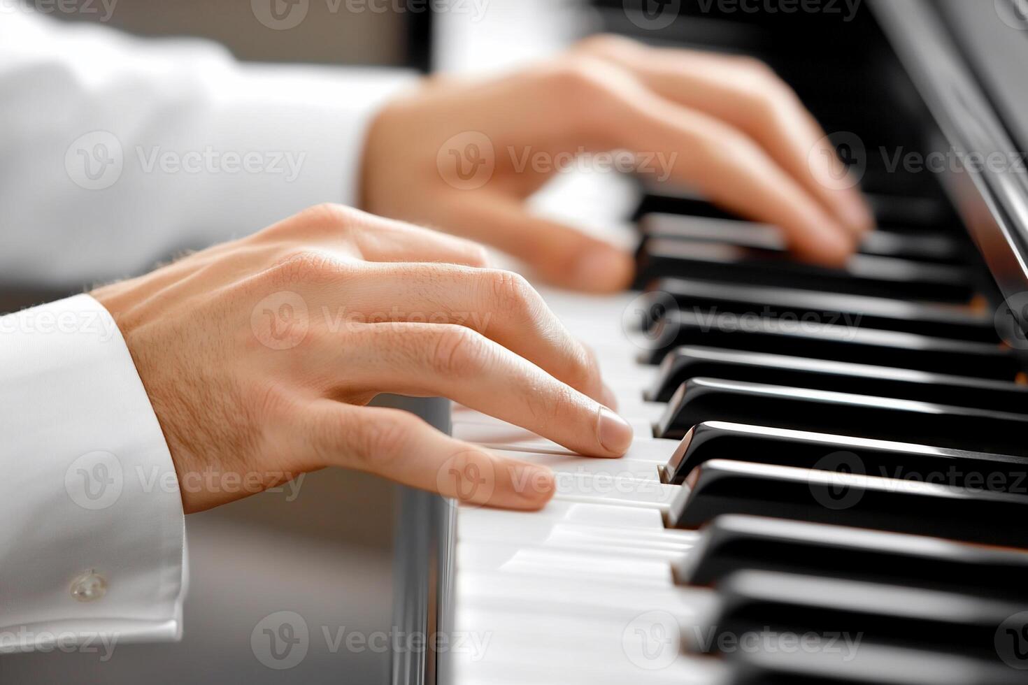 Close-up of hands playing piano keys, showcasing musical talent. photo