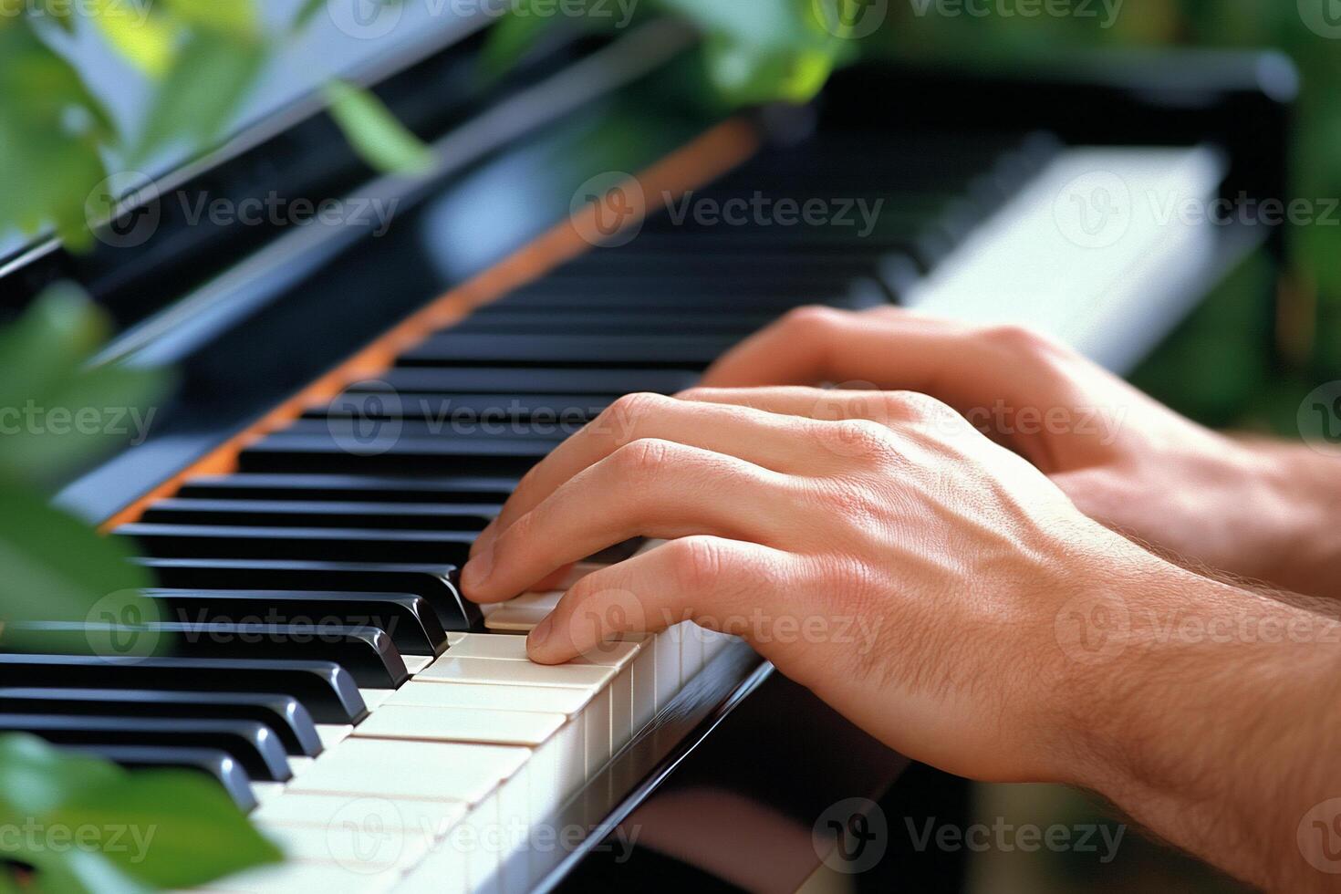 Hands playing piano keys surrounded by greenery. photo