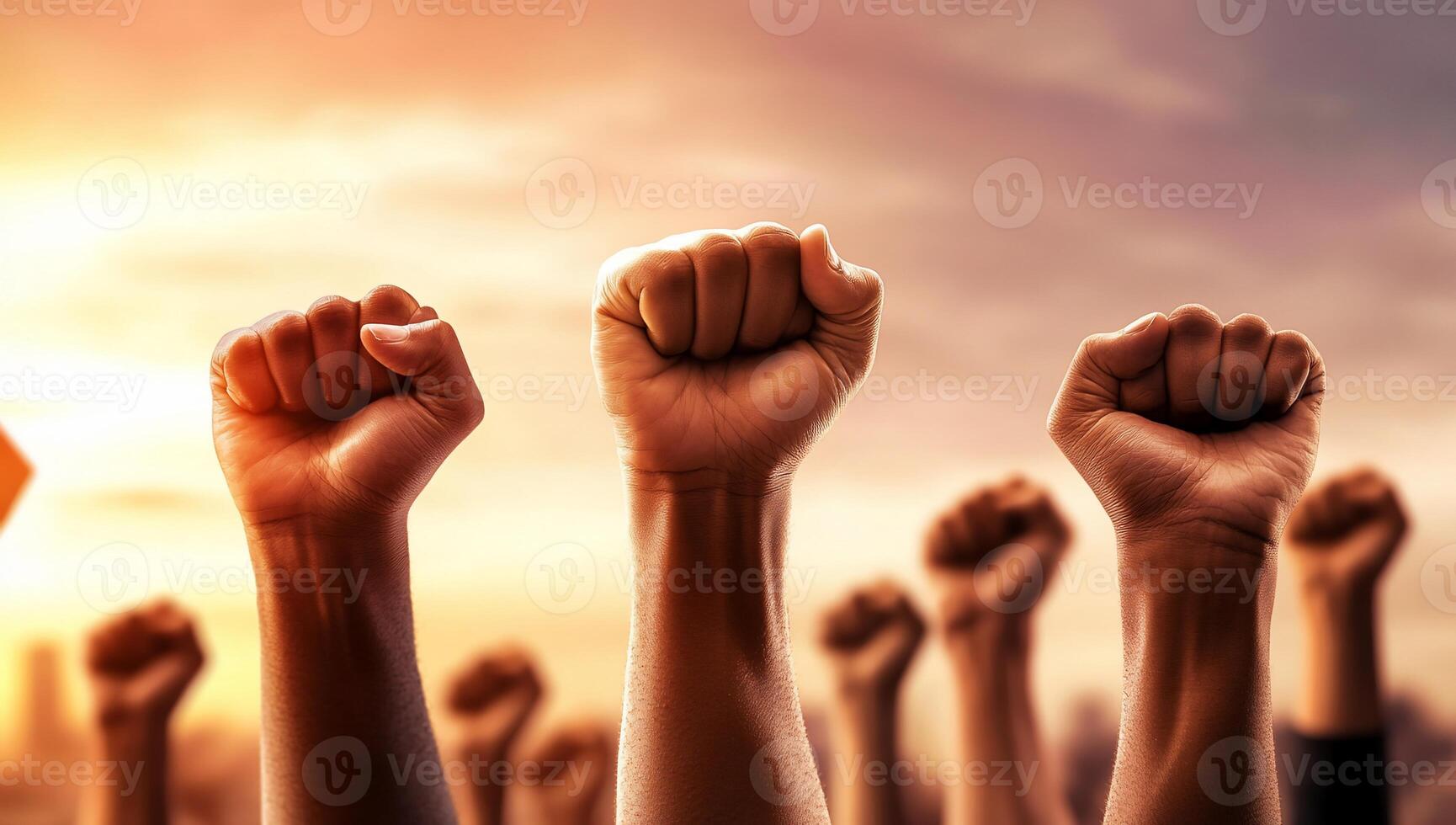 Fists raised in solidarity against a sunset backdrop. photo