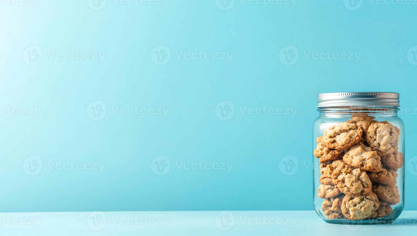A jar filled with cookies against a light blue background. photo