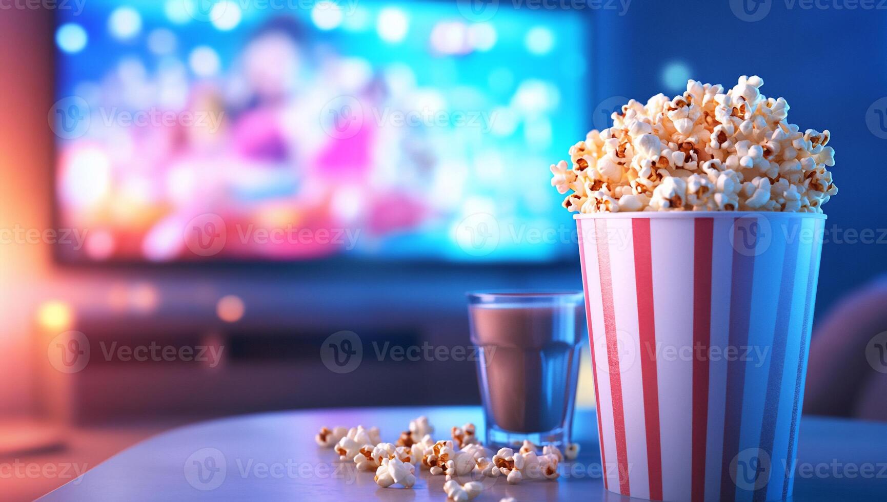 A cozy movie night setup with popcorn and a drink in focus. photo