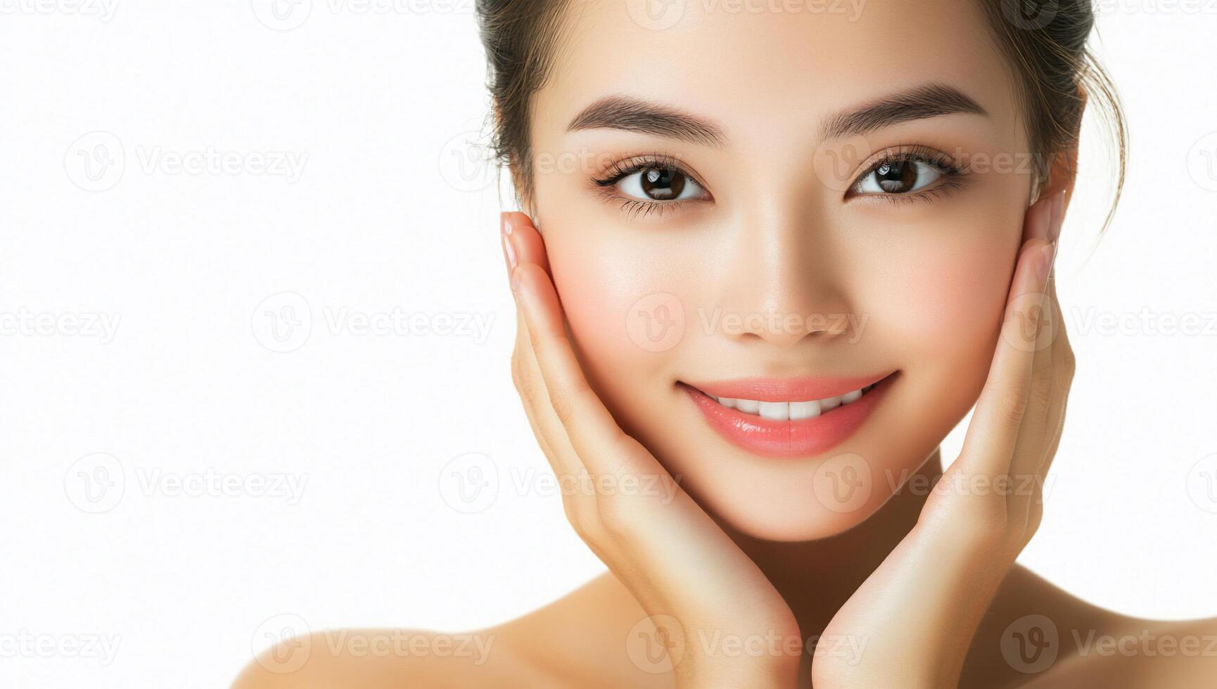 A smiling woman gently holding her face, showcasing natural beauty. photo