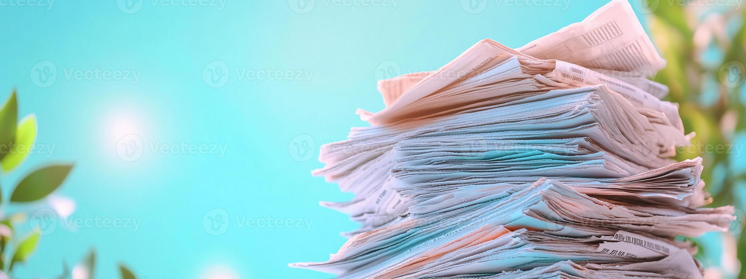 A stack of papers against a soft, colorful background. photo
