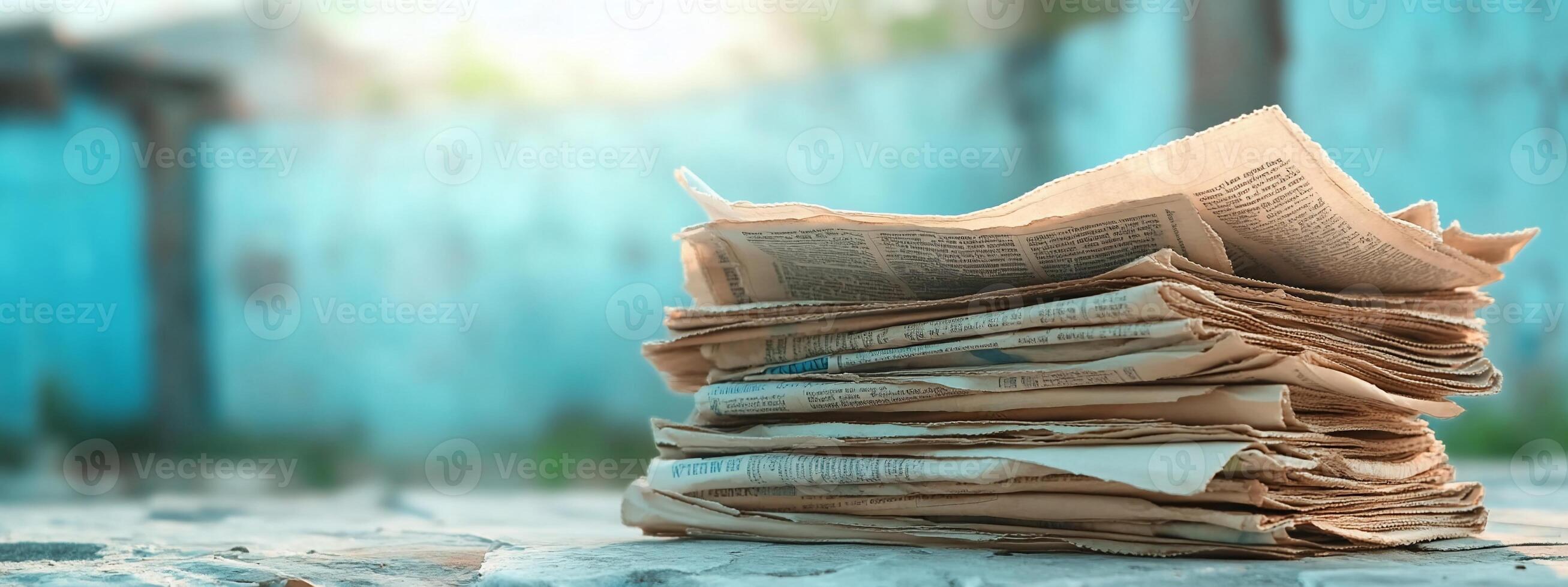 A stack of old newspapers resting on a surface with a blurred background. photo