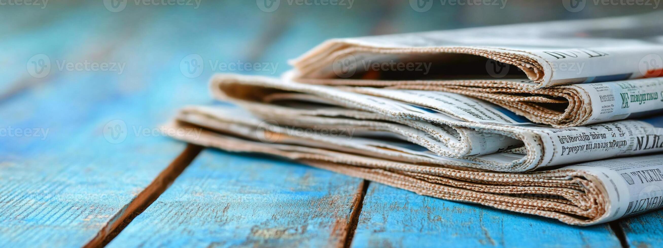 A stack of newspapers on a wooden surface, conveying news and information. photo