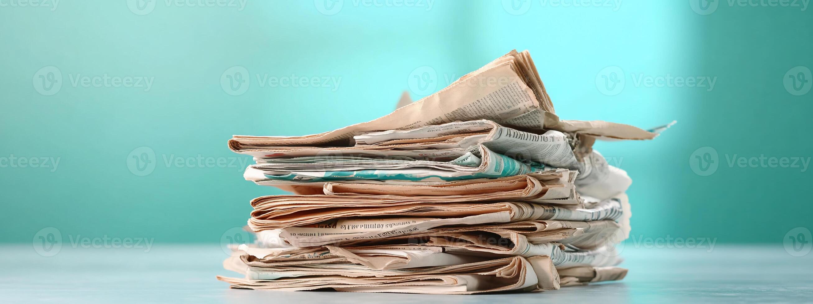 A stacked pile of old newspapers on a table, showcasing vintage print. photo