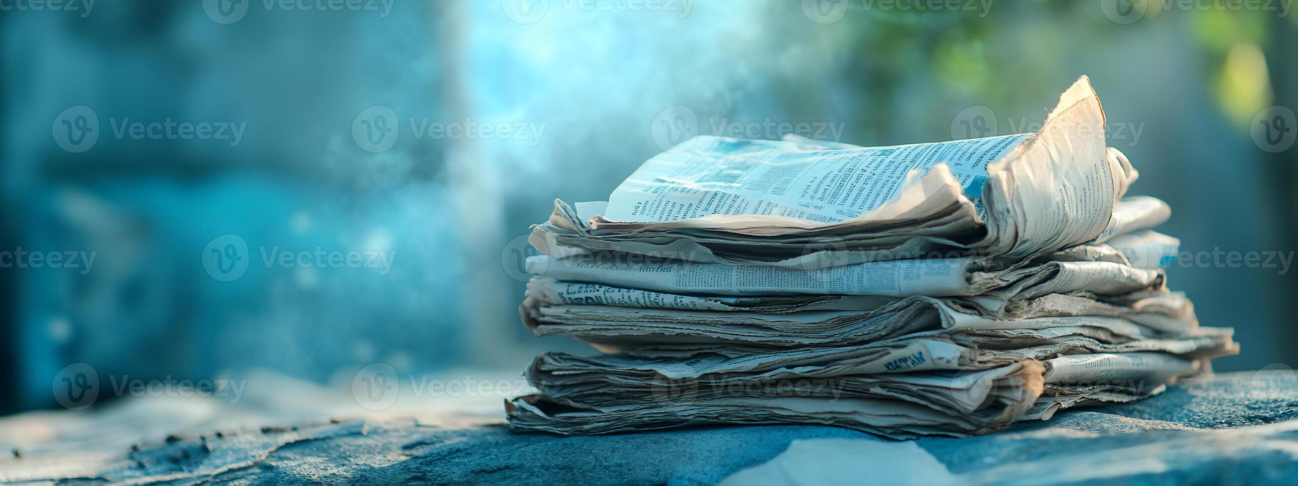 A stack of old newspapers resting on a surface, with a soft background. photo