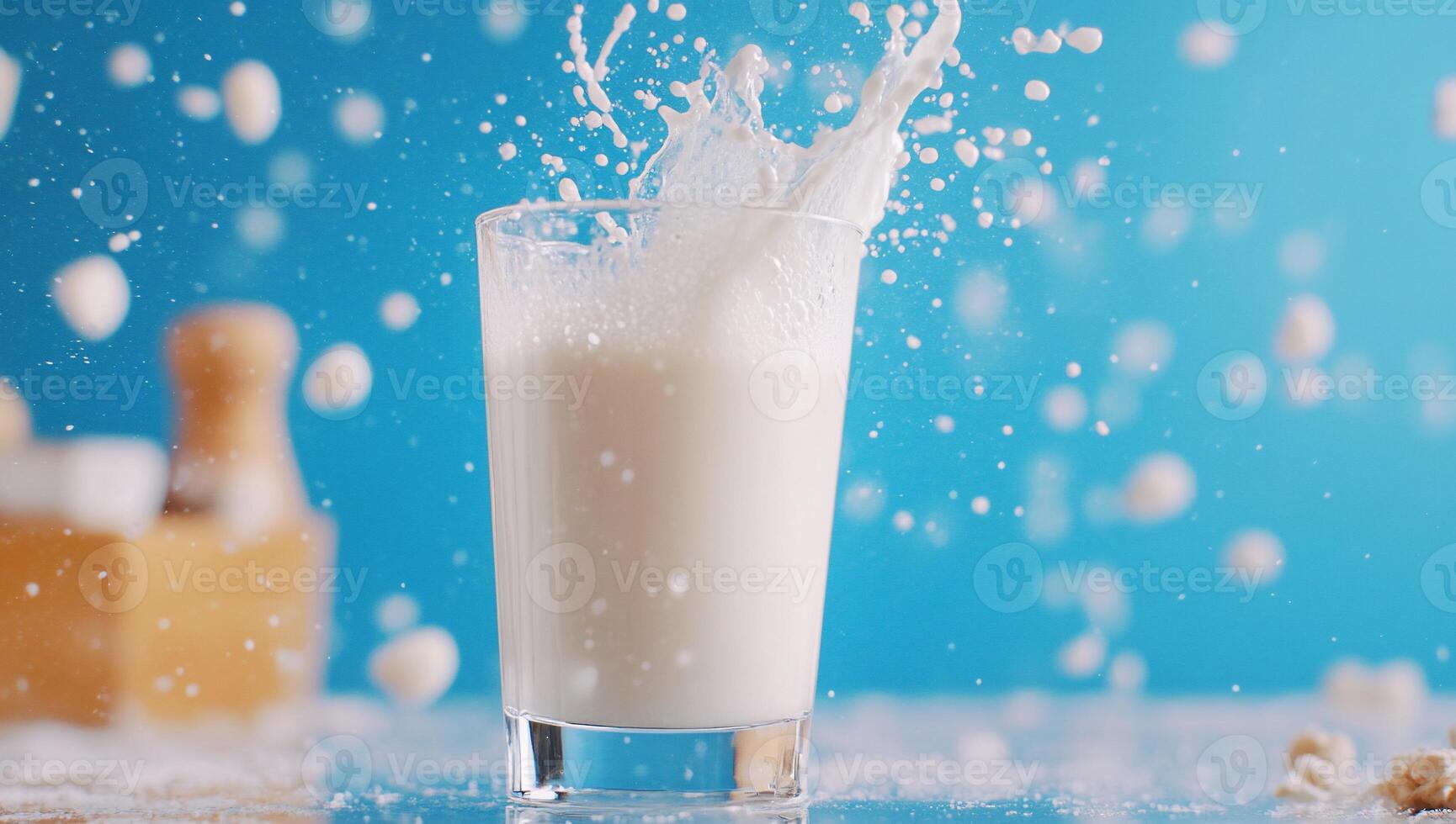 A glass of milk splashes, creating an energetic and playful scene. photo