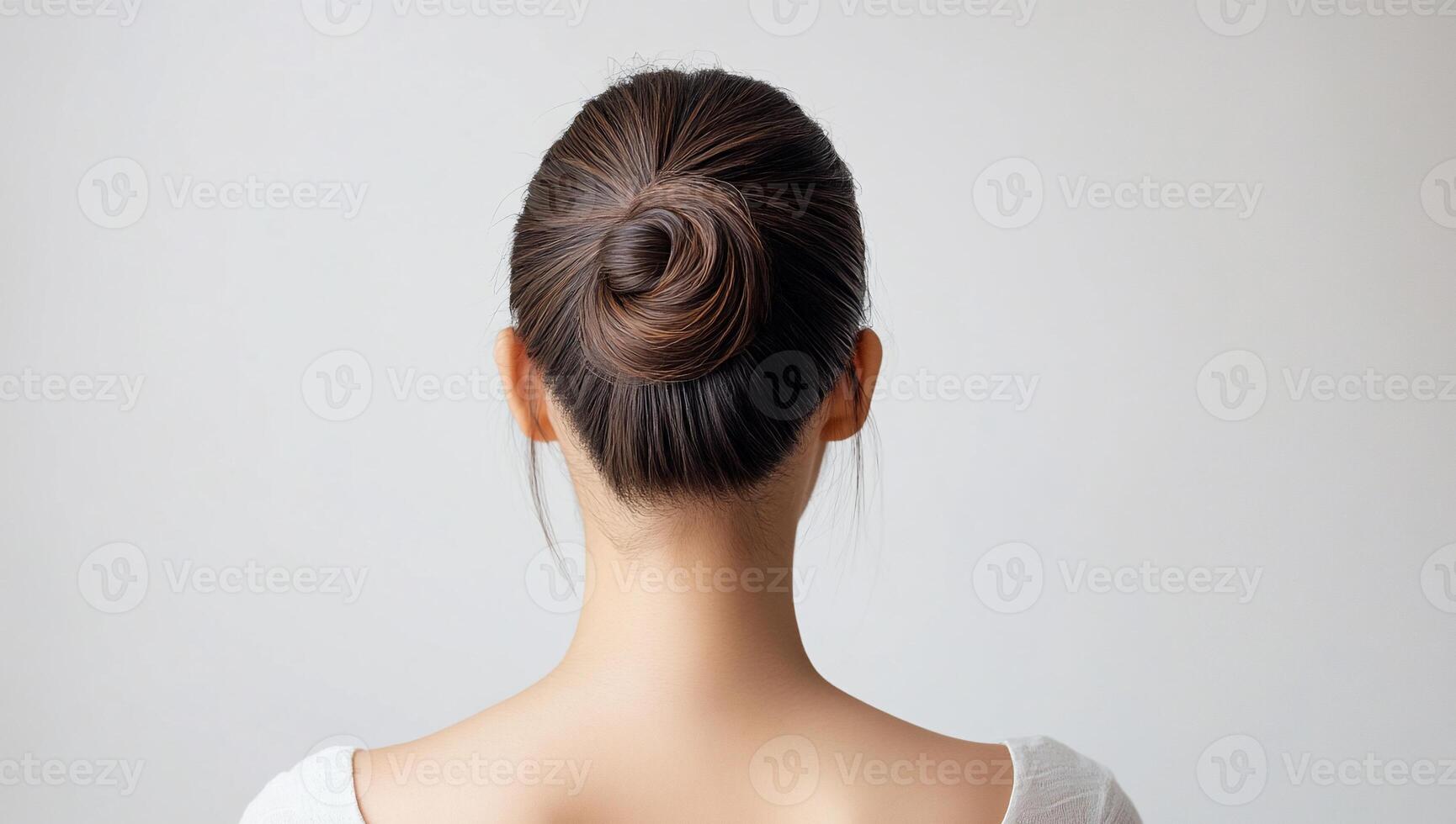 A woman with a neat bun hairstyle viewed from the back. photo
