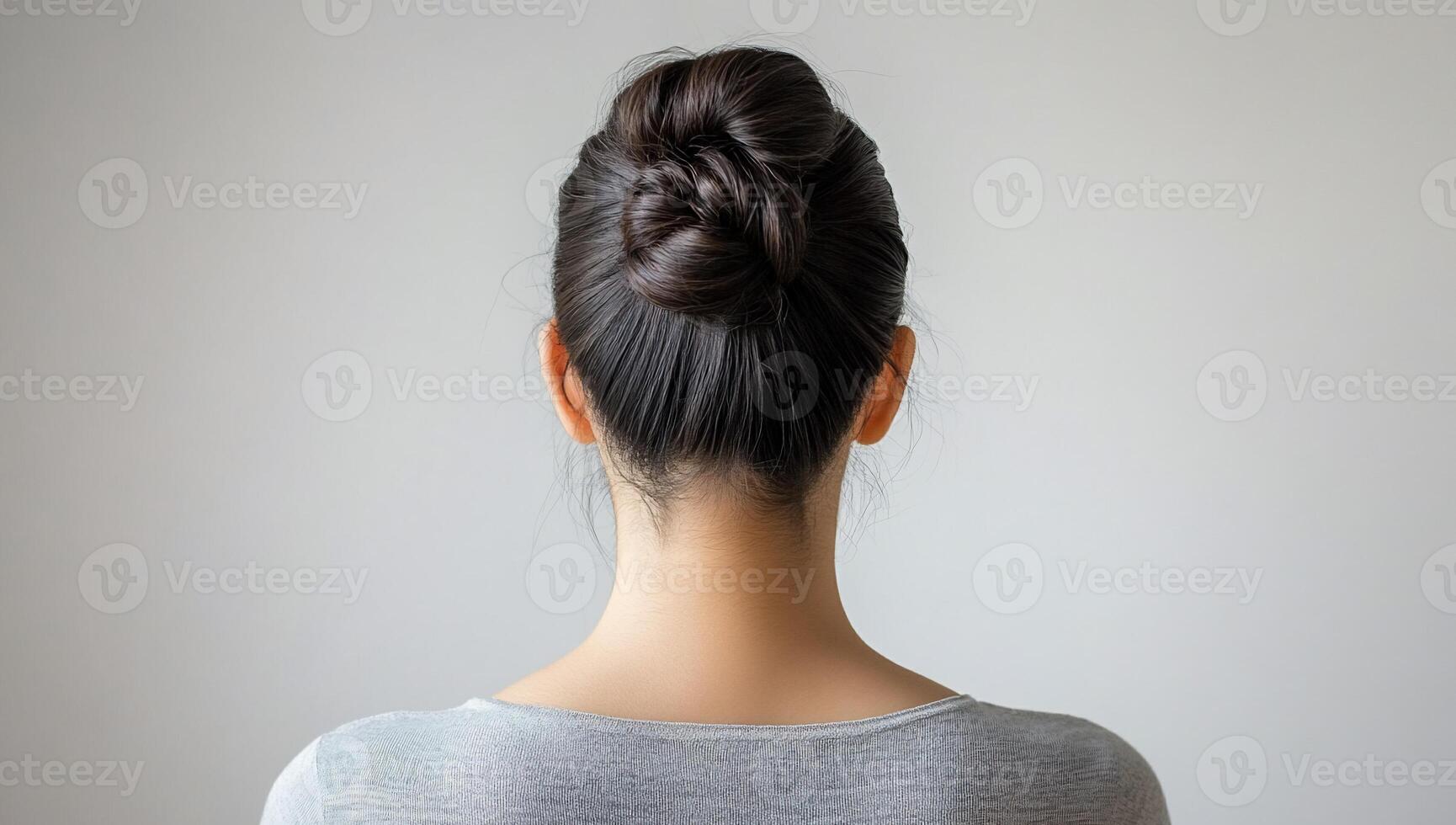 A woman with a bun hairstyle viewed from the back. photo
