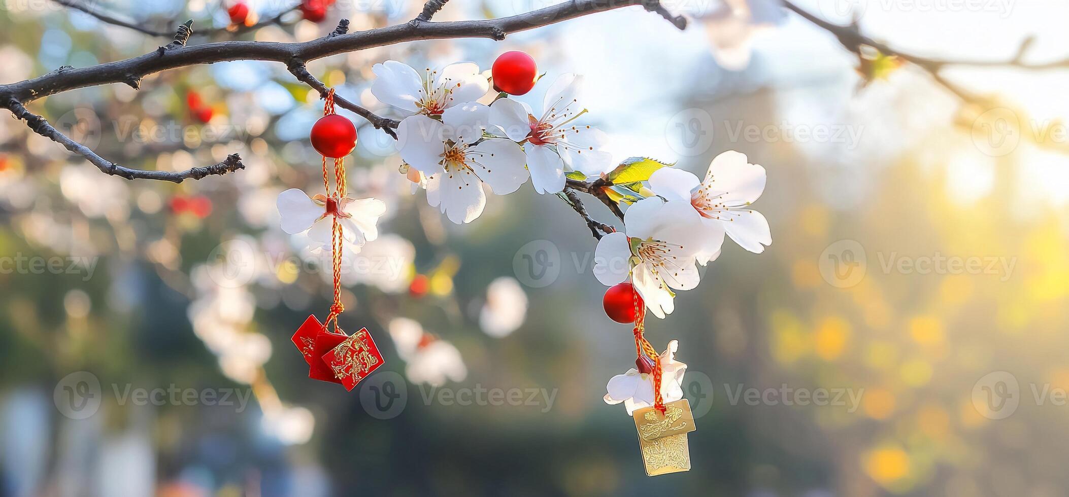 A cherry blossom tree with red and white flowers photo