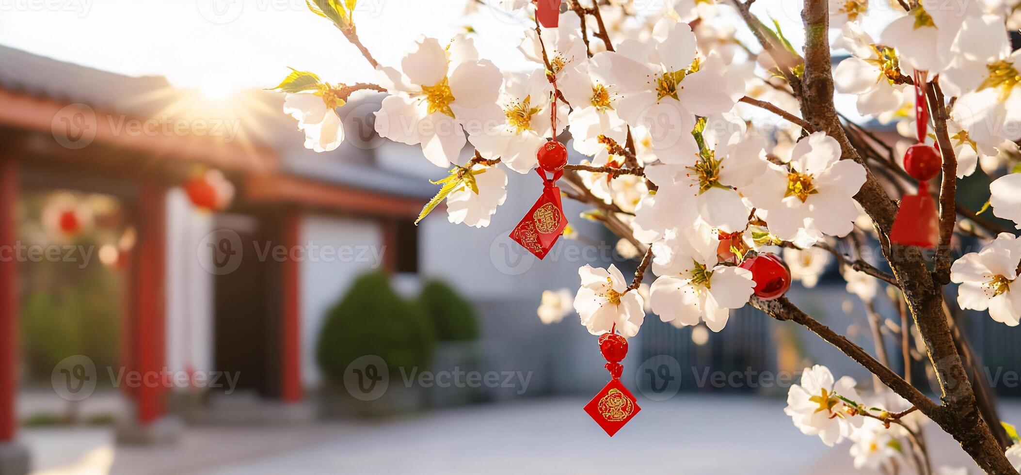 A tree with white flowers and red ornaments photo