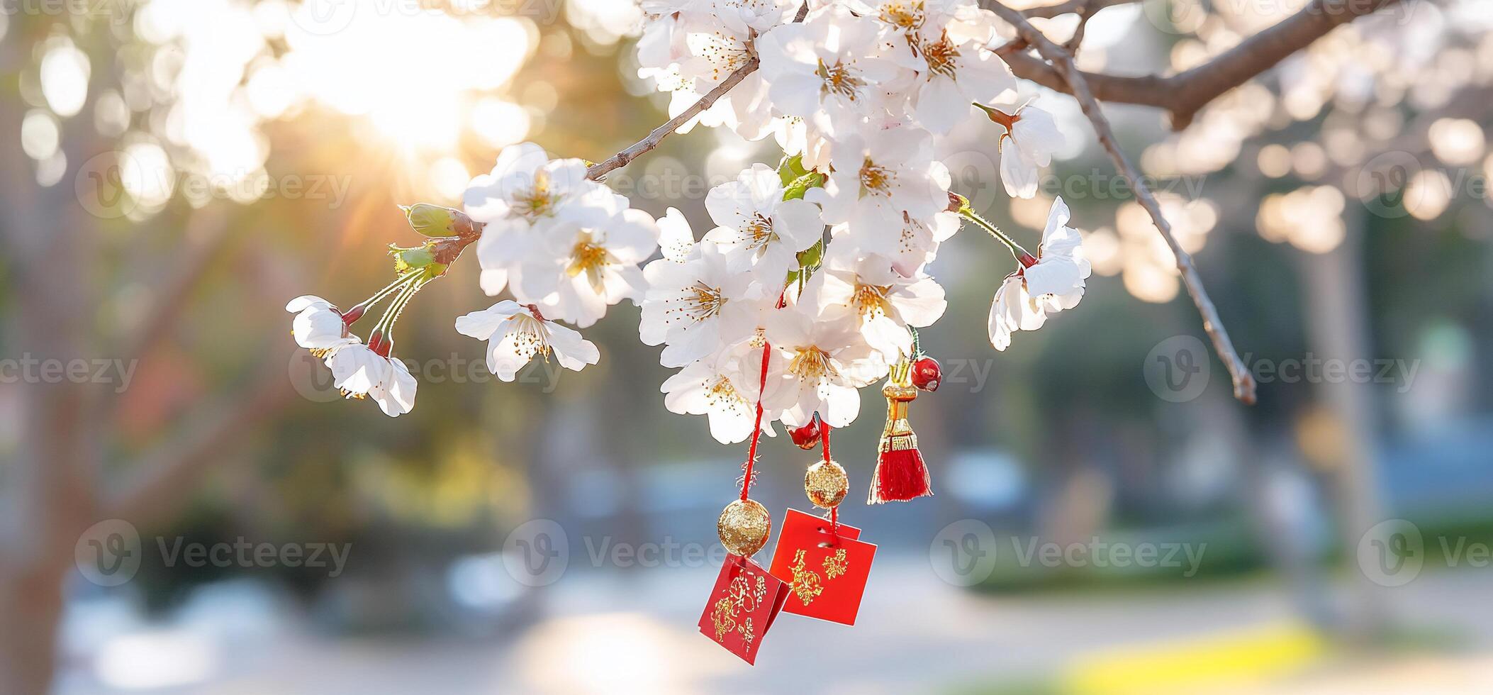 Blossoming cherry flowers with decorative charms in soft sunlight. photo
