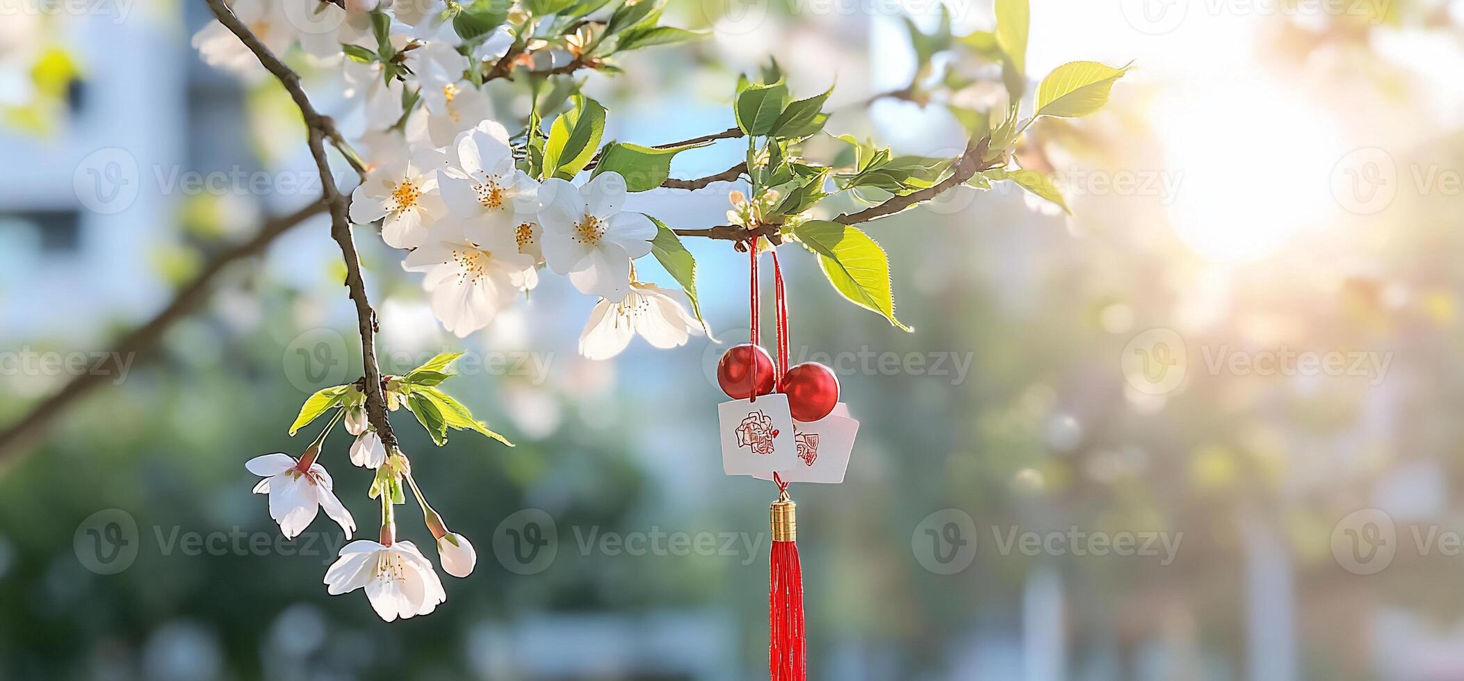 A branch with white flowers and decorative red tassels in sunlight. photo