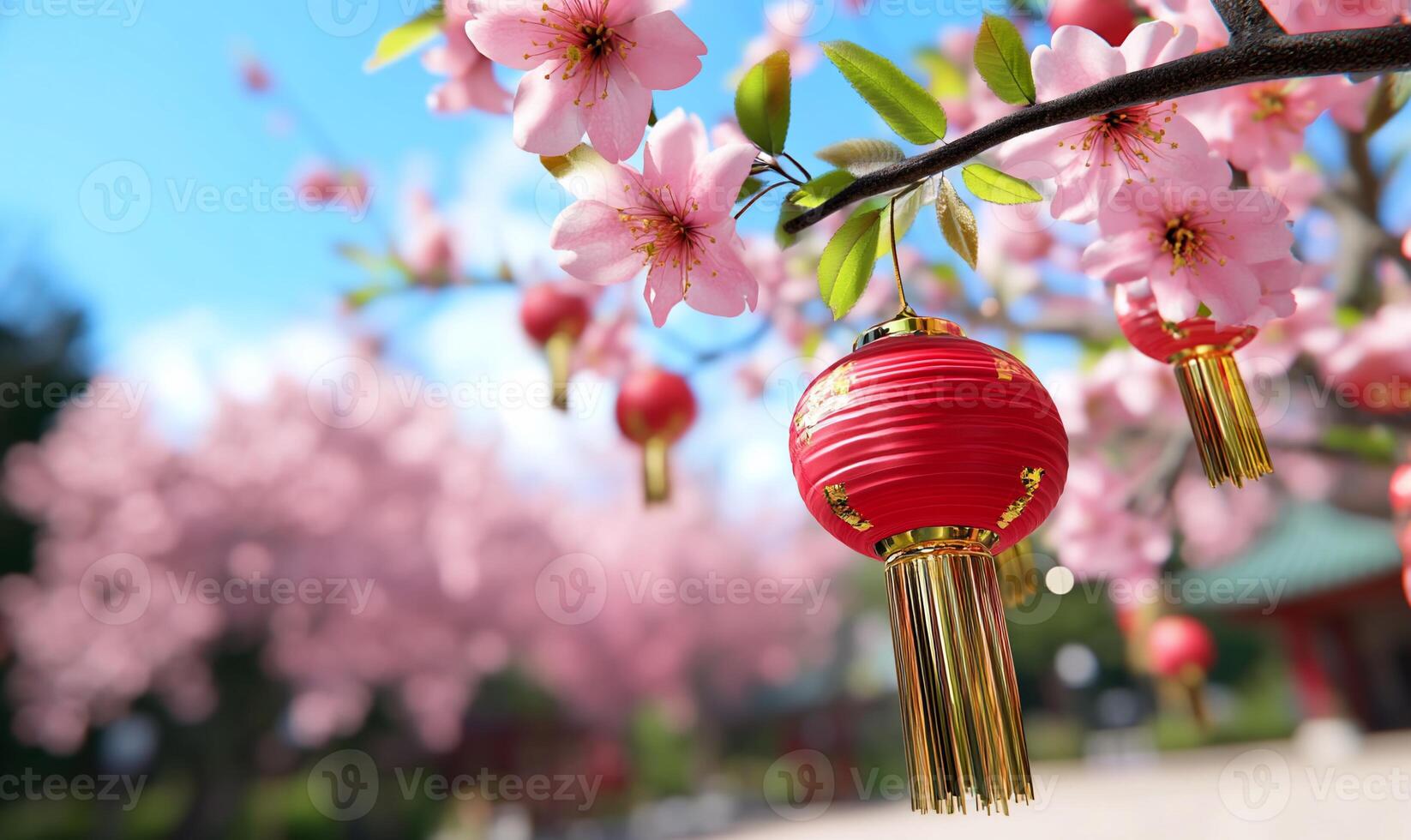 Vibrant cherry blossoms with red lanterns in a serene outdoor setting. photo