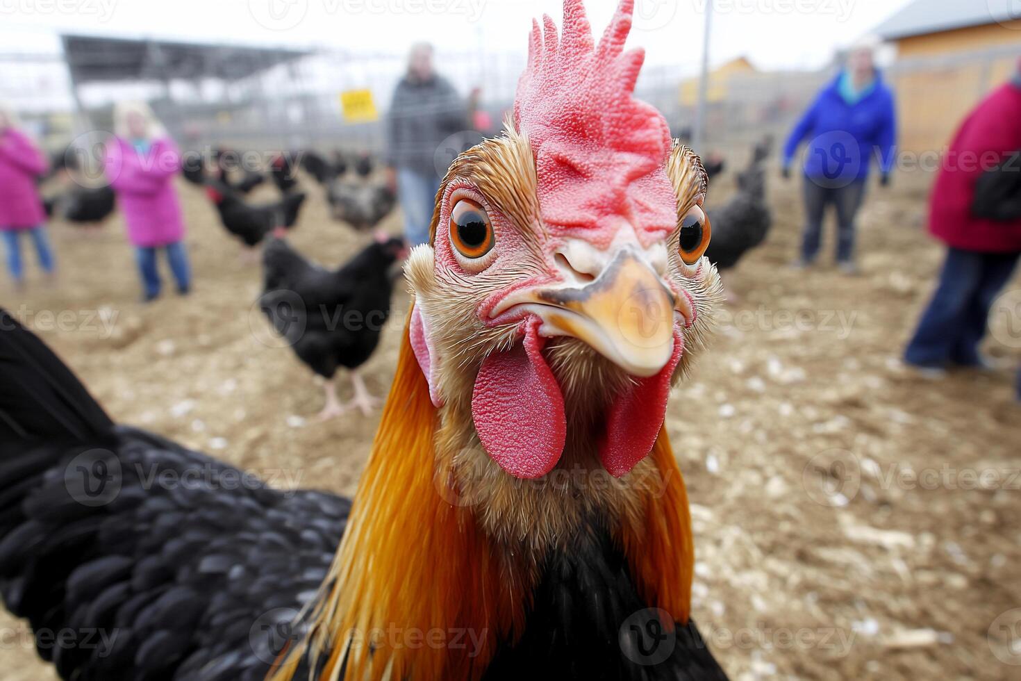 A close up of a rooster with people in the background photo