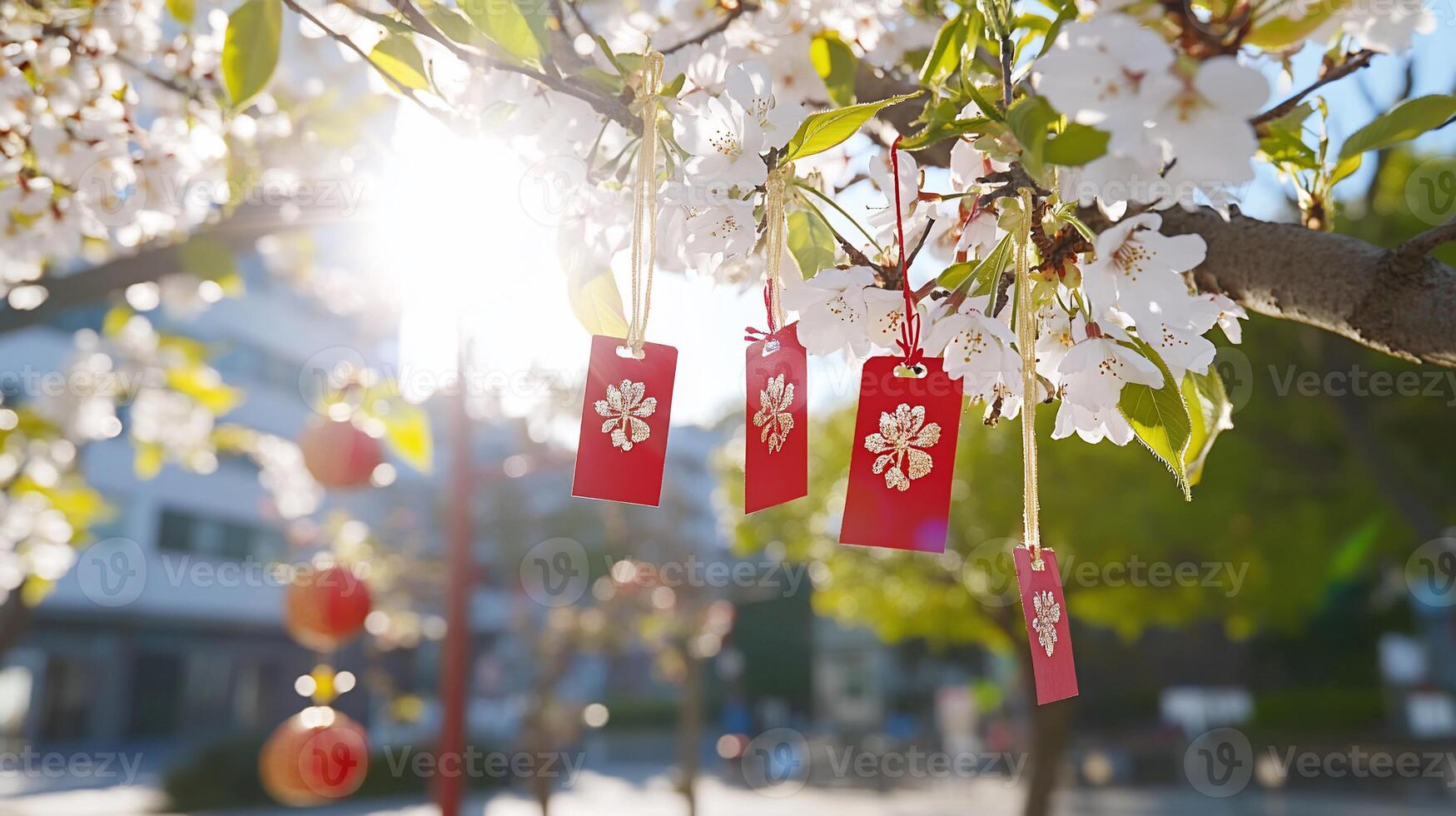 Cherry blossom tree with red tags and lanterns, symbolizing wishes. photo