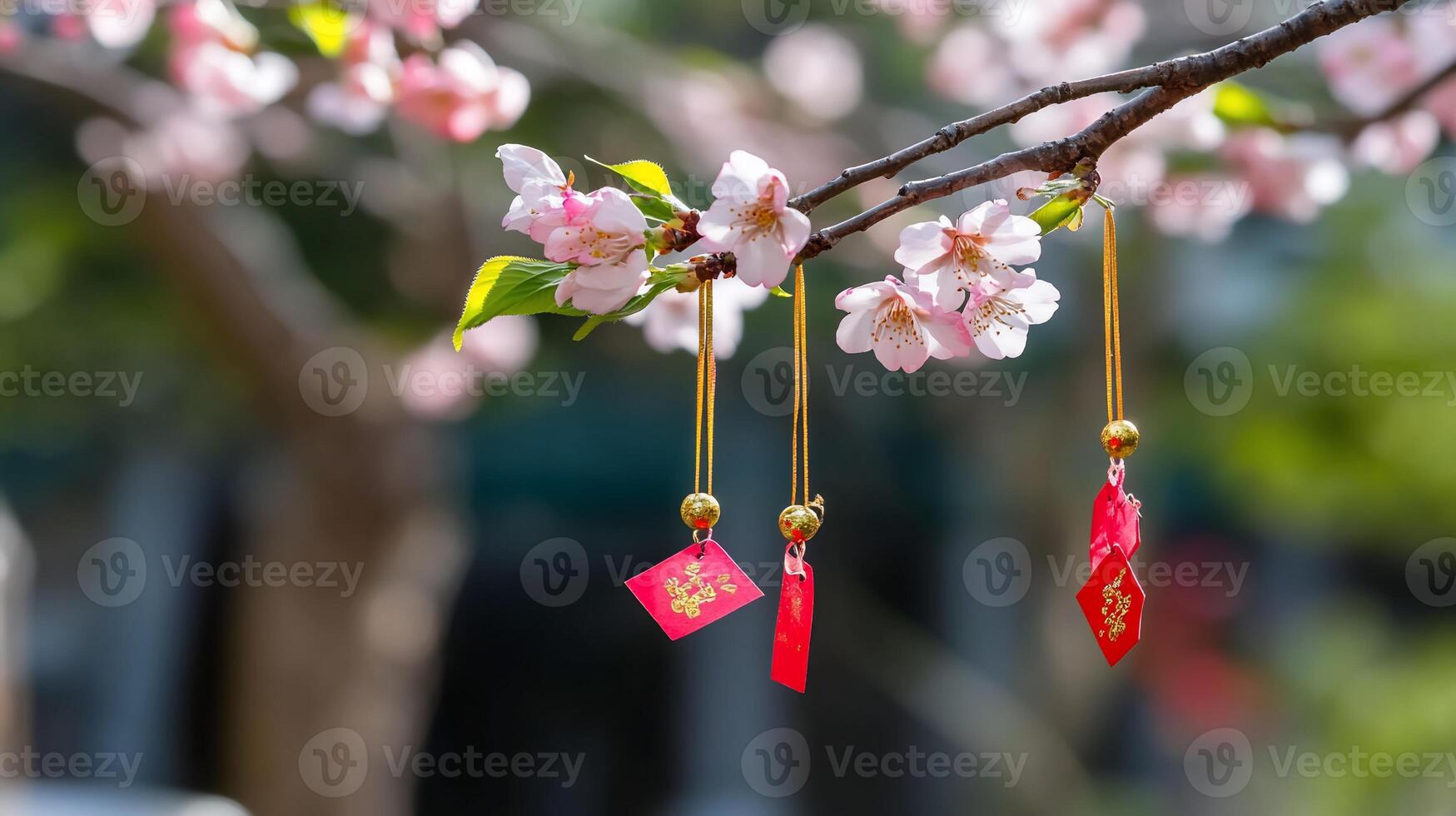 Chinese new year decorations hanging from a tree photo