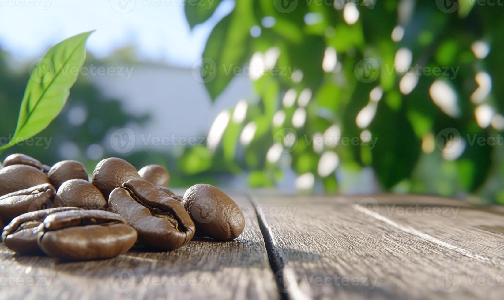 Coffee beans on a wooden surface with green leaves in the background. photo