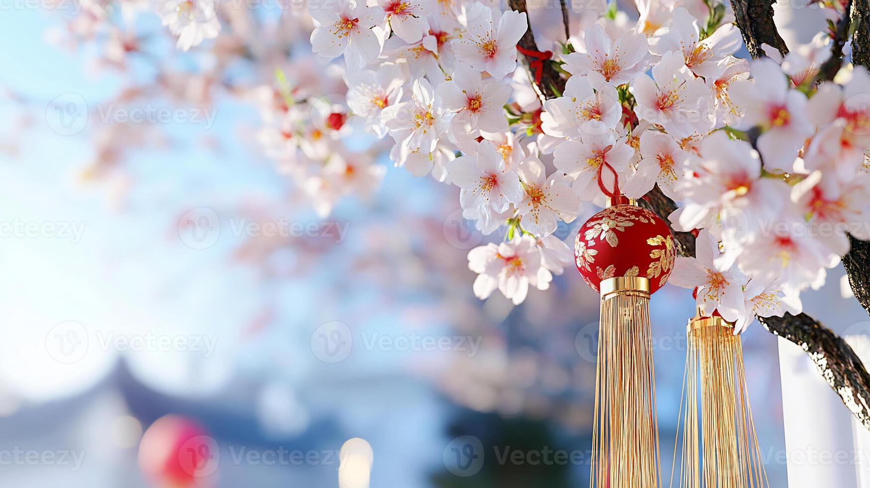 A close-up of cherry blossoms with decorative lanterns, symbolizing spring. photo