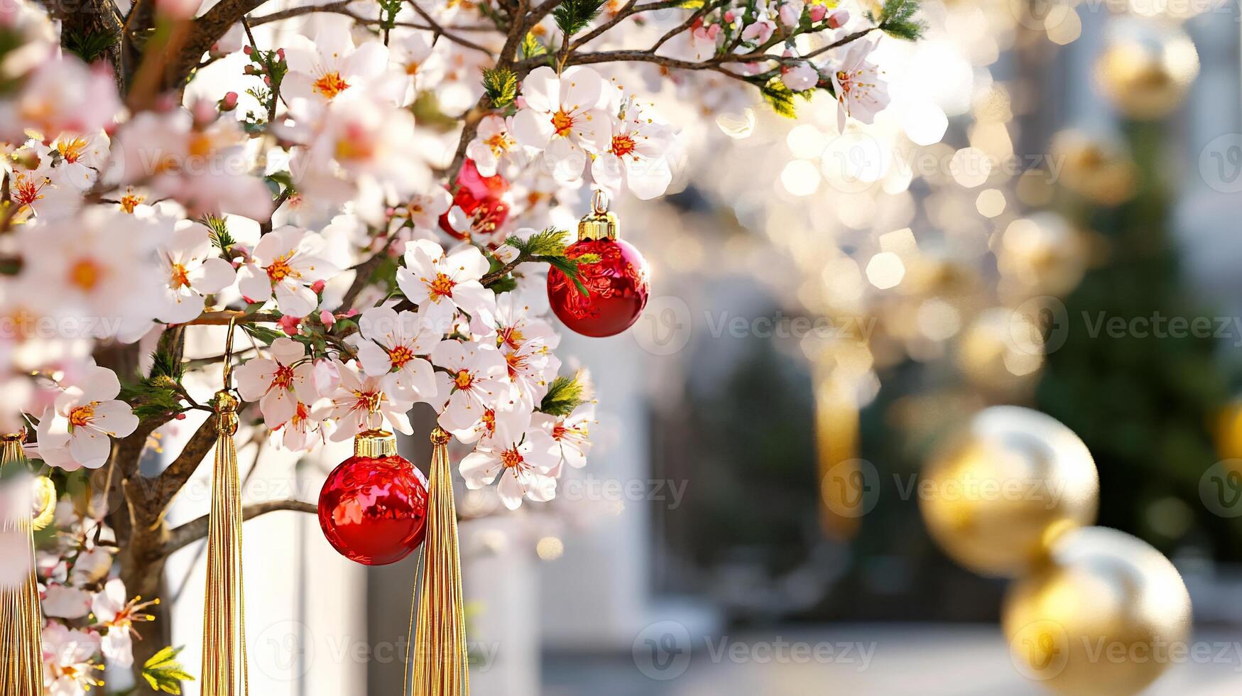 A festive scene featuring a flowering tree adorned with red ornaments. photo