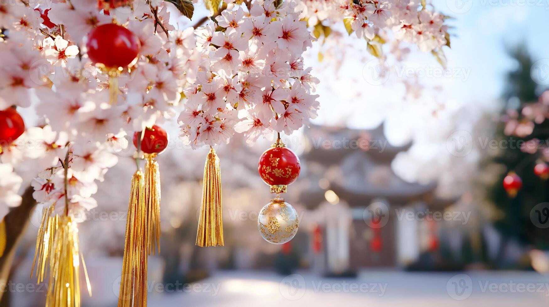 A serene scene of cherry blossoms and decorative lanterns in spring. photo