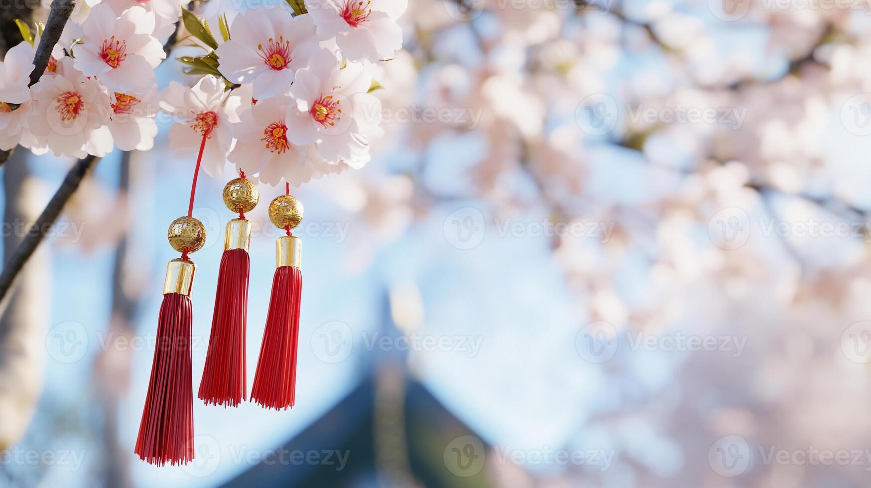 Delicate cherry blossoms with red tassels in a serene setting. photo
