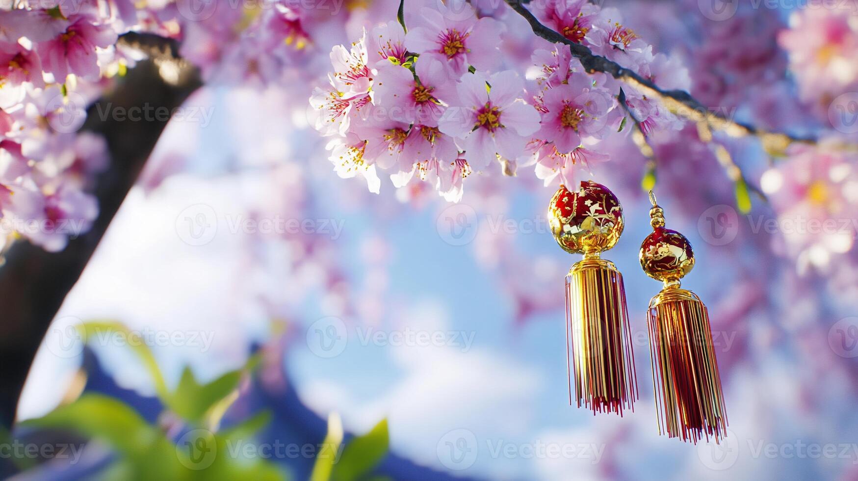 Golden tassels hanging from a tree with pink flowers photo