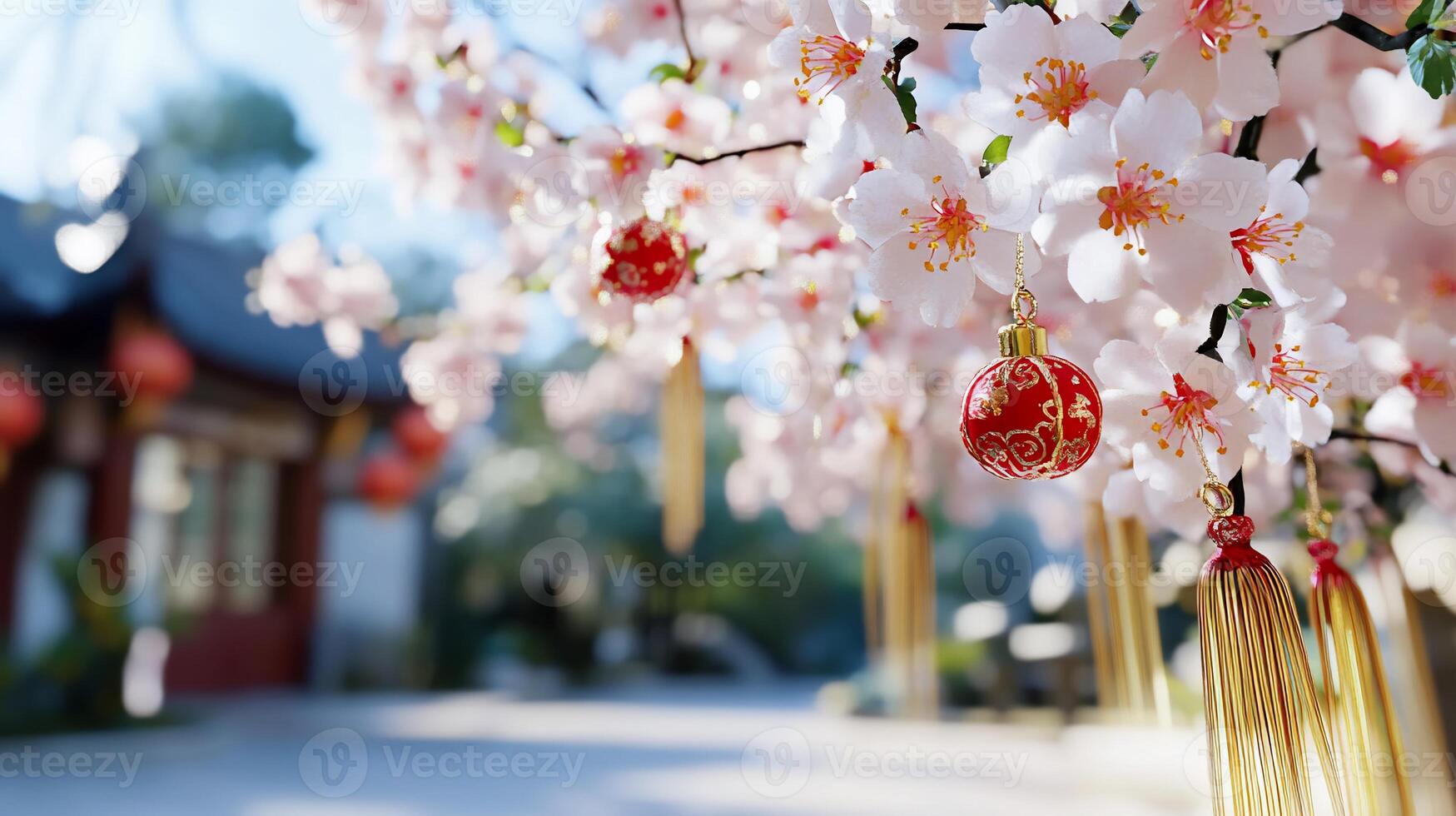 A vibrant cherry blossom branch adorned with red ornaments. photo