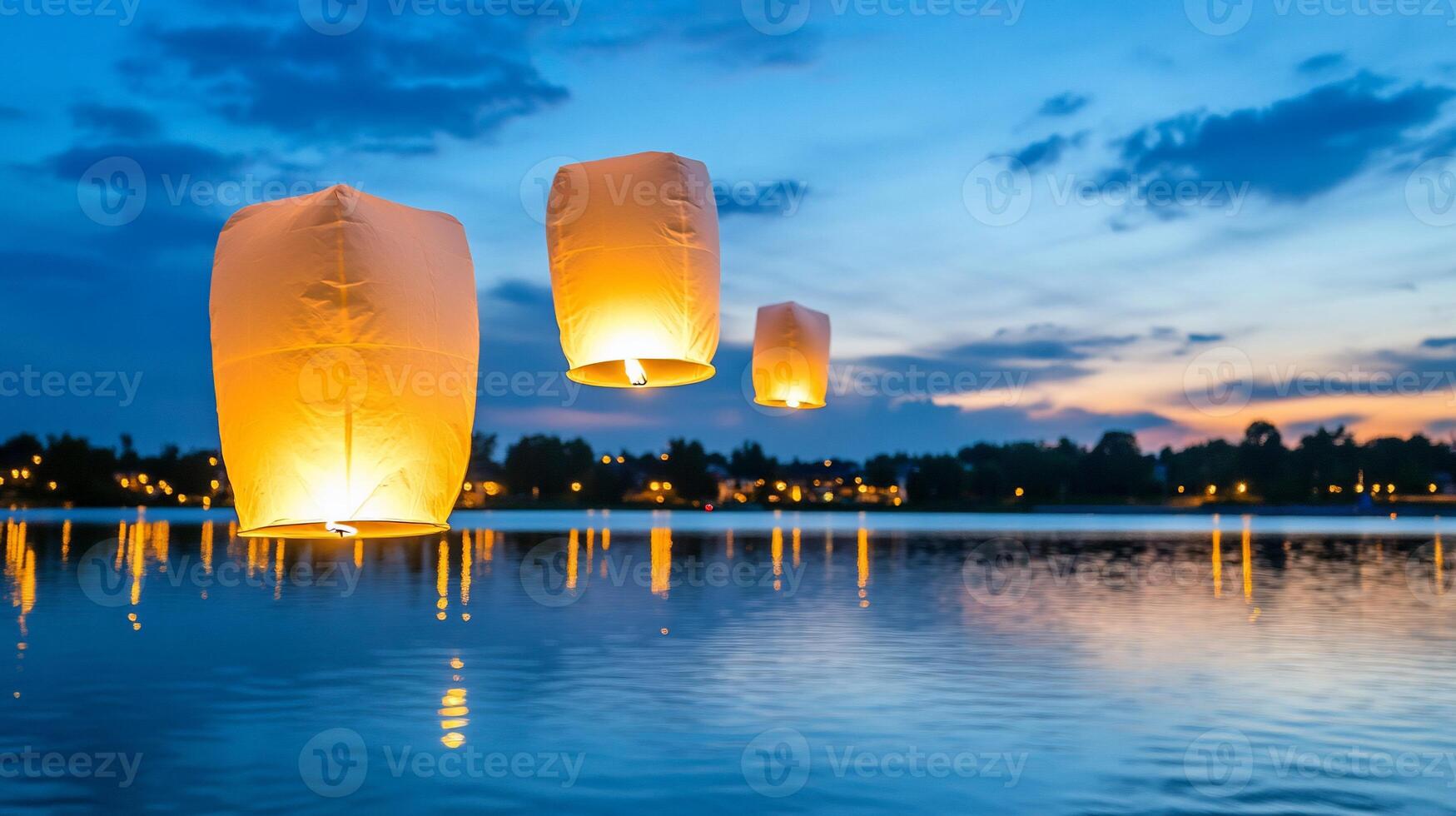 Paper lanterns floating in the water at night photo