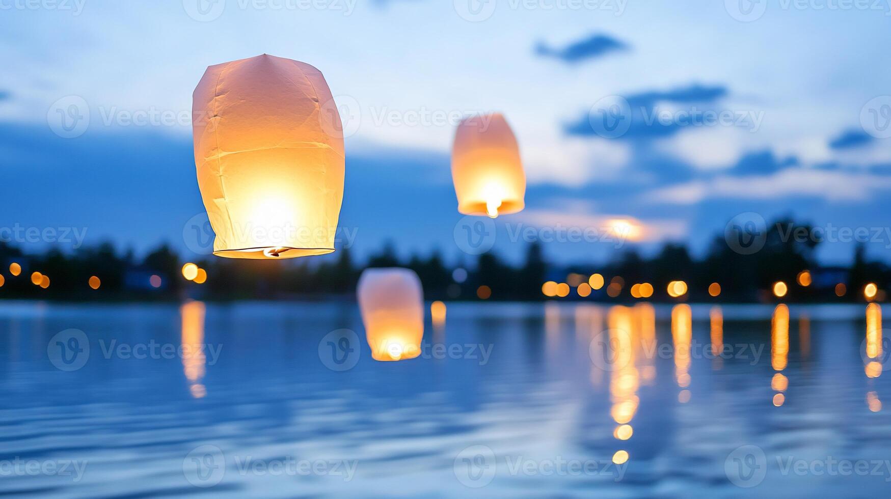 Paper lanterns floating in the water at night photo