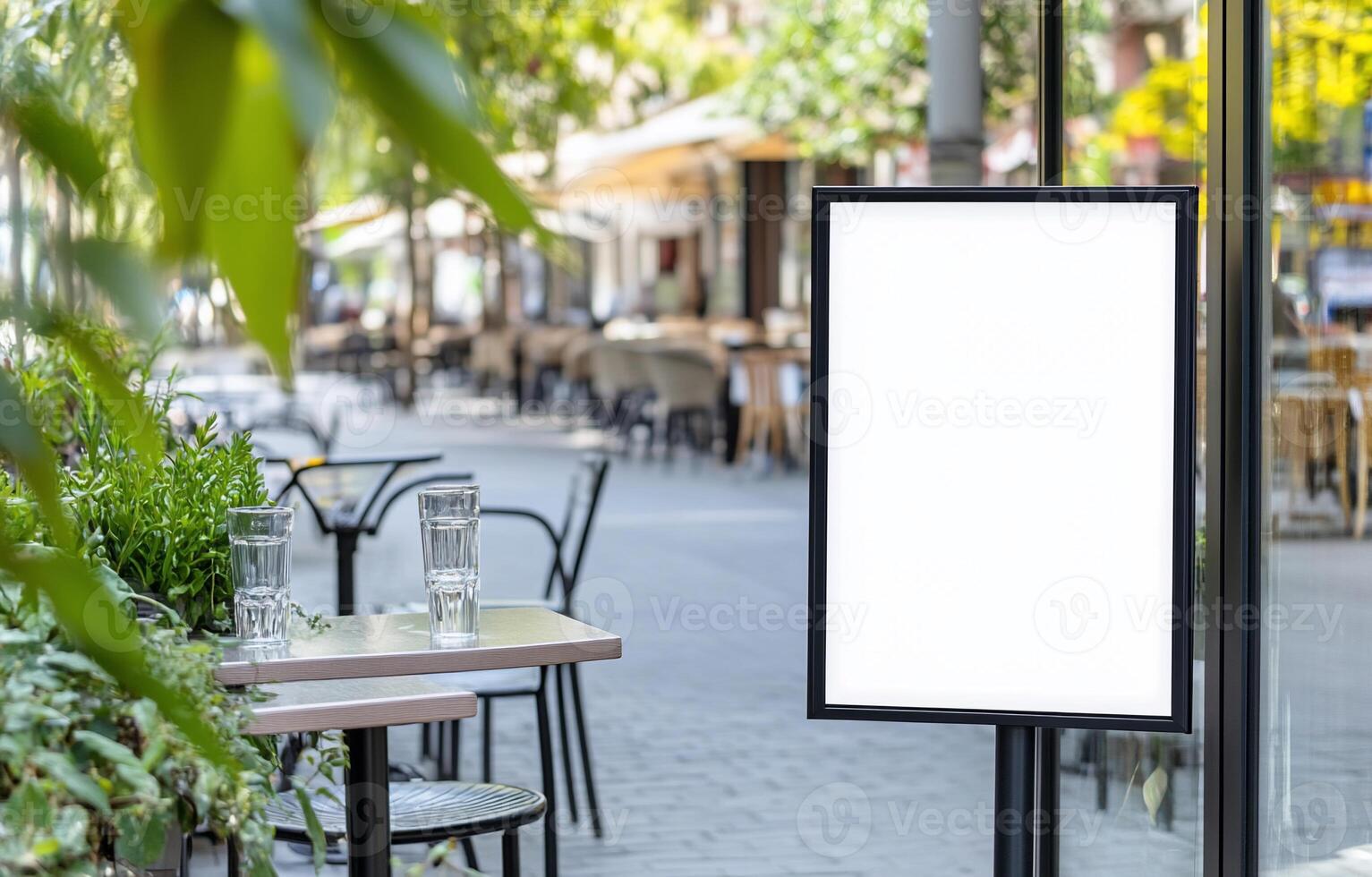 Outdoor cafe setting with empty table and blank menu sign. photo
